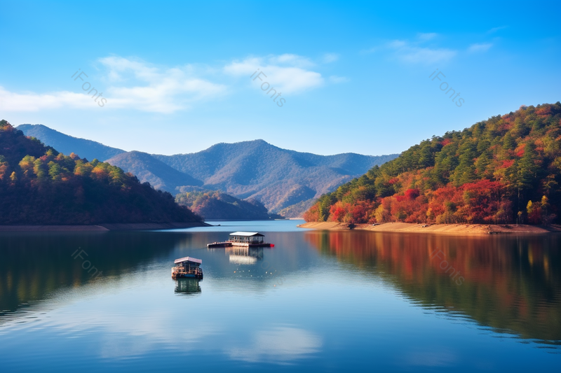 蓝天白云下远山近水小船悠悠,高清,摄影图,摄影图片,图片大全,摄影图免费下载